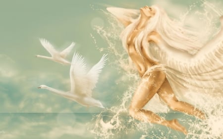 Beauty and Swans - pretty, fantasy, swans, woman, digital, girl, art, wallpaper