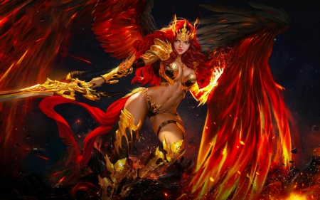 Fire Angel - woman, angel, girl, wallpaper, league, fantasy, fire, art, pretty, sword, digital