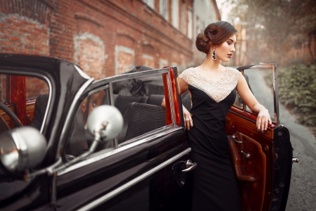 Beauty - woman, brown, car, girl, glove, black, model