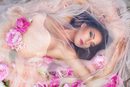 Bride - woman, veil, girl, pink, bride, flower, model