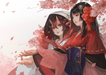 Momo No Sei and Sakura No Sei - anime, girl, youshun, flower, pink, onmyouji, horns, manga, red, couple, demon