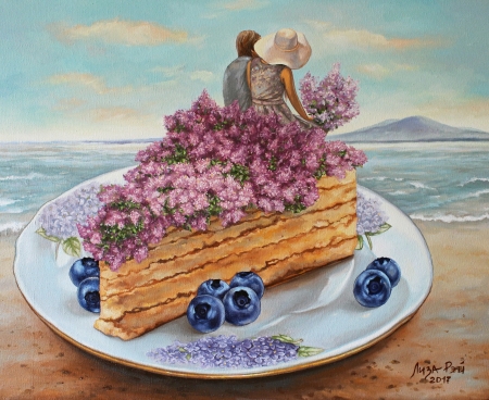 Sweet moments - berry, flower, water, sweet, slice, blue, art, fruit, food, sea, painting, couple, cake