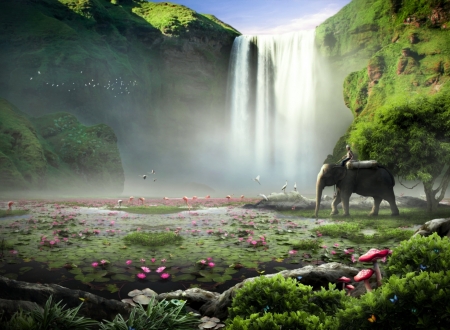 The Golden Path of Shangri-La - fantasy, waterfall, elephant, shangri la, green, paradiseofcreativity, flower, pink