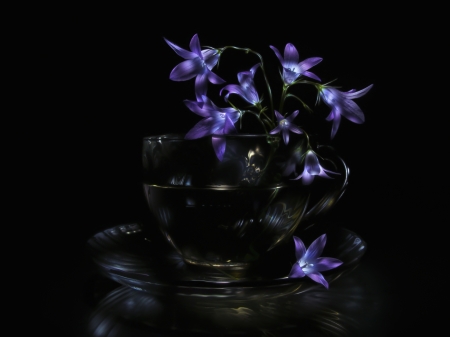 Still life - back, background, blue, flowers, cup