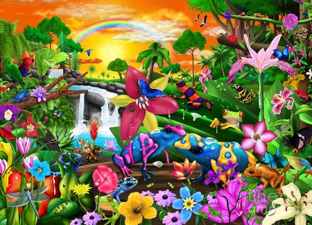 Tropical Frogs - flowers, birds, rainbow, artwork, colors, animals