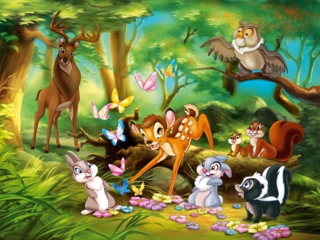 Bambi (1942) - movie, child, bunny, deer, fantasy, green, disney, animal, owl, bambi