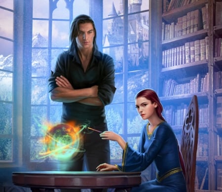 :) - library, girl, couple, magical, fantasy, man, blue, hand, stepan gilev