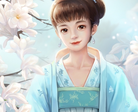 Princess - springwhite, princess, girl, frumusete, fantasy, asian, milkyu dong, luminos, blue, blossom, kimono, chinese, flower