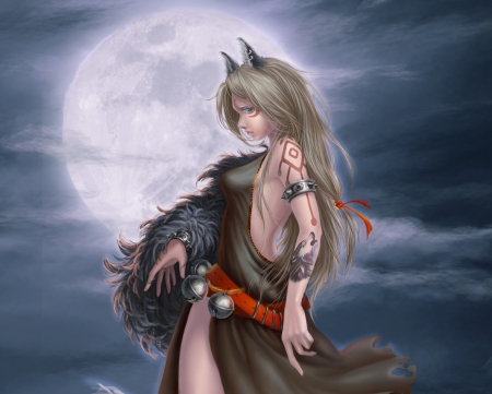 Chinese Zodiac ~ Dog - moon, fantasy, chinese zodiac, girl, ray lei, dog, luminos, luna