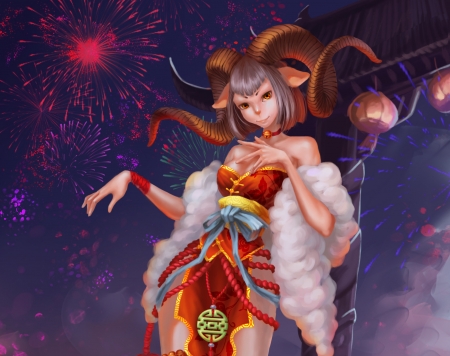 Chinese Zodiac ~ Goat - goat, fantasy, blue, chinese zodiac, red, girl, ray lei, horns