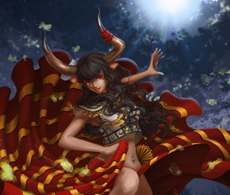 Chinese Zodiac ~ Ox - yellow, blue, chinese zodiac, girl, ray lei, ox, horns, fantasy, red