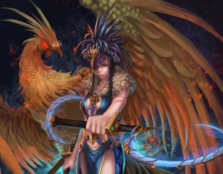 Chinese Zodiac ~ Rooster - fantasy, rooster, phoenix, chinese zodiac, wings, girl, ray lei, feather