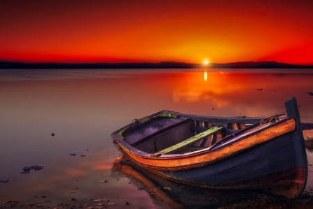 Lake scenery - calm, horizon, sky, evening, shore, boat