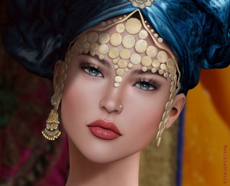 Beauty - blue, girl, jewel, fantasy, magissa denver, magissadenver, rendering, face, golden, luminos