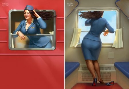 The conductor with lush forms - girl, collage, fantasy, train, window, red, blue, conductor, stepan gilev