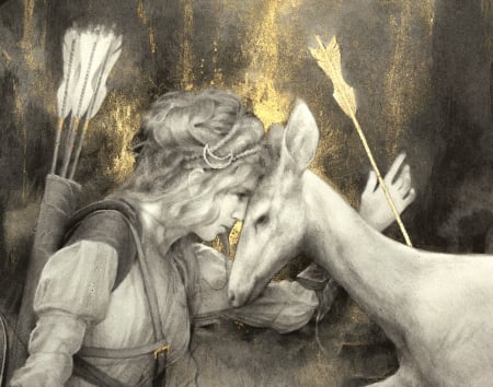 Diana - hunter, yellow, diana, girl, yoann lossel, arrow, fantasy, caprioara, white, animal, goddess, deer, luminos