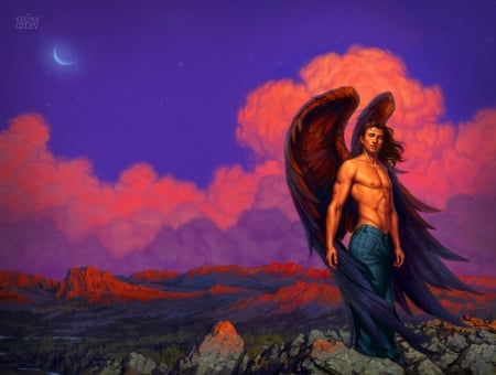 Dark angel - jeans, blue, angel, pink, man, fantasy, sunset, stepan gilev, wings, cloud, art, luminos