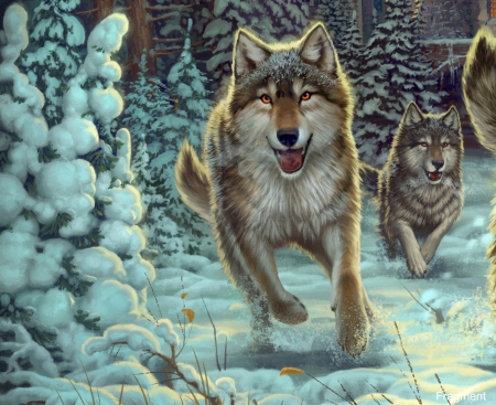 Wolves - stepan gilev, wolf, fantasy, iarna, winter, lup, luminos