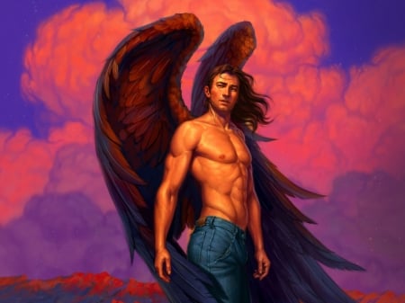 Dark angel - angel, jeans, wings, fantasy, cloud, luminos, man, pink, stepan gilev