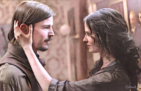 Vanessa and Ethan - ethan, by cehenot, tv series, penny dreadful, pink, cehenot, man, vanessa, Josh Hartnett, painting, woman, Eva Green, couple, art