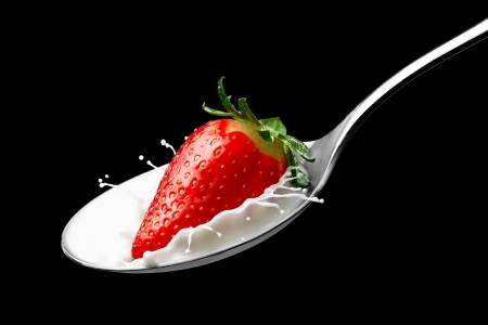 Strawberry with cream - spoon, cream, strawberry, berry