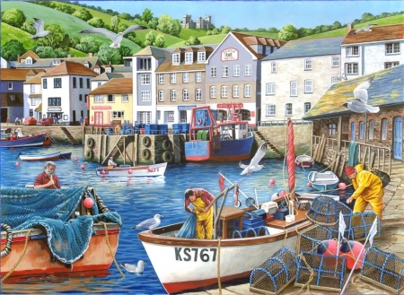 Busy Harbour - Harbour, nets, boats, fishing, repairs, maintenance