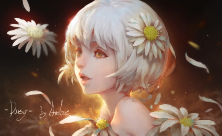 Daisy - white, fantasy, antilous, yellow, luminos, girl, daisy