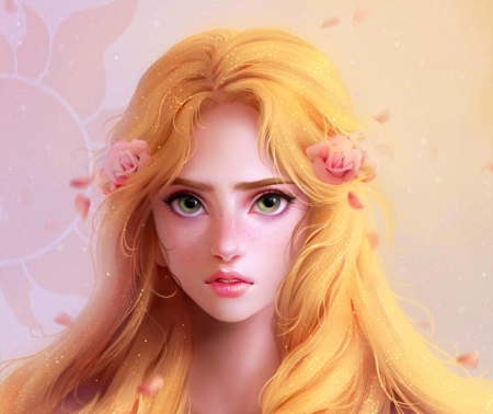 Rapunzel - princess, girl, rapunzel, fantasy, fanart, face, pink, luminos, disney, clamyart, blonde, flower