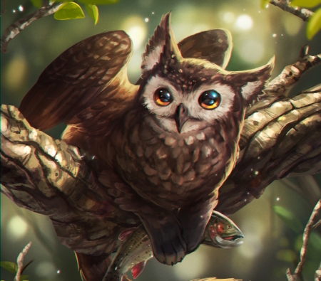 Catowl - manusia no 31, eyes, catowl, fantasy, brown, forest, luminos, creature, bufnita, green, fish