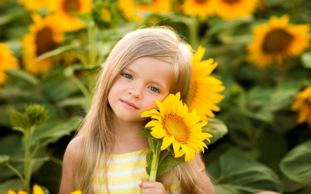 Little Girl - face, sunflowers, girl, summer, look