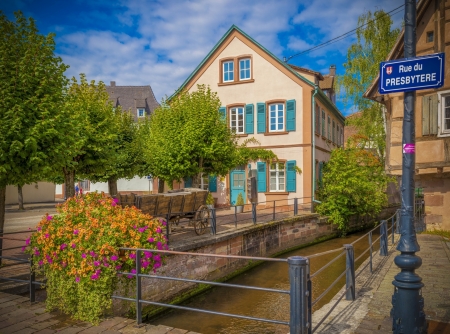 French Village - house, trees, hdr, canal, bridge