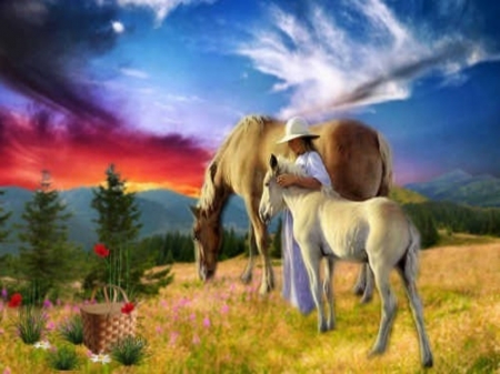 The little girl and the horses - giri, trees, nature, horses