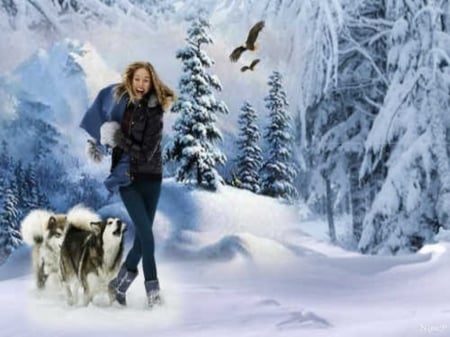 winter - snow, girl, winter, dogs