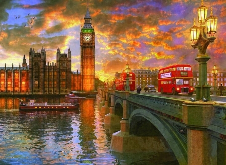 Westminster Sunset - river, big ben, lamps, london, lights, capital, bridge, Westminster, bus, st stephens, sunset, thames