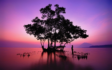 Sunset - silhouette, lake, girl, mountain