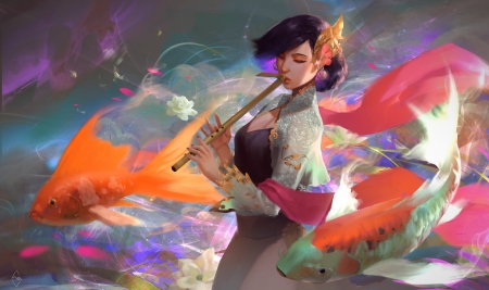 Lullaby - summer, fahmi fauzi, instrument, flute, girl, art, lullaby, peste, fantasy, fish, orange, luminos, vara