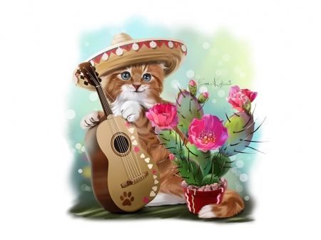 Amigo - hat, lorri kajenna, flower, pink, cat, guitar, fantasy, instrument, pisici, mexico