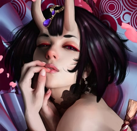 Shouten Douji - girl, frumusete, ringo applegreed, onmyouji, horns, face, shouten douji, pink, hand, blue, luminos, demon