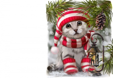 Winters Tale - red, winter, iarna, lorri kajenna, cat, pine cone, craciun, scarf, pisici, christmas, art, fantasy, hat, luminos