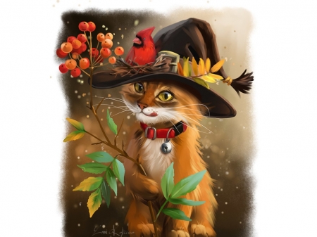 Rowan and Cardinal - hat, bird, cardinal, lorri kajenna, rowan, cat, witch, pasari, fantasy, autumn, pisici, art, luminos