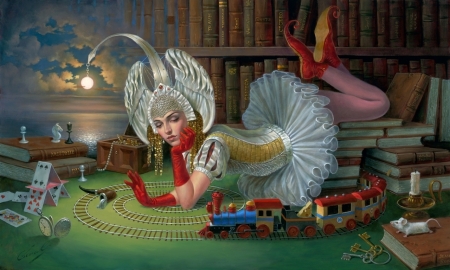 :) - girl, light, toy, michael cheval, fantasy, train, red, surreal, art, luminos