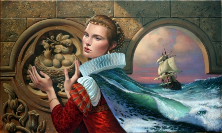 Nostalgia - girl, water, nostalgia, fantasy, art, ship, michael cheval, hand, red, blue, luminos, sea