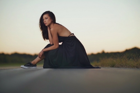 Laur Allen - black dress, greenery, sneakers, brunette, road, bracelet