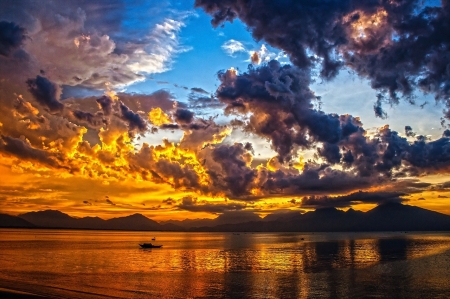 Sundown - nature, sky, boat, clouds