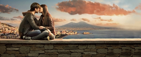 A kiss from Naples - landscape, hugs, Kiss, Naples, Napoli, lover, sitting, wall, lovers