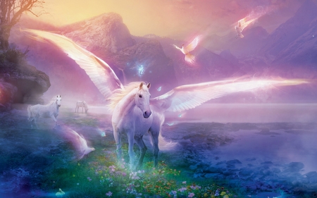 Pegasus - water, horse, fantasy, birds