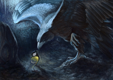 Atonement - pitigoi, blue tit, fantasy, hontor, bird, art, yellow, eagle, luminos, atonement, blue