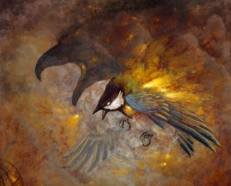 Fury - bird, hontor, yellow, blue tit, shadow, pasari, fantasy, fury, eagle, pitigoi, art