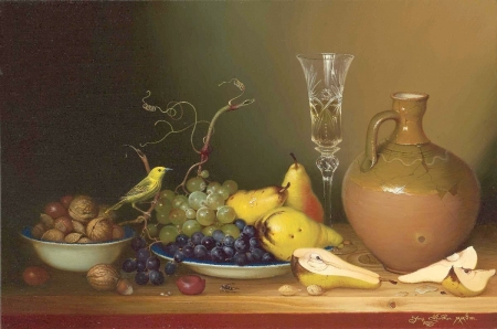 Fruits and birds - glass, pear, yana movchan, bird, fruit, vase, painting, art, luminos