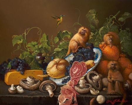 :) - mushroom, maimuta, yana movchan, bird, art, hummingbird, colibri, orange, food, monkey